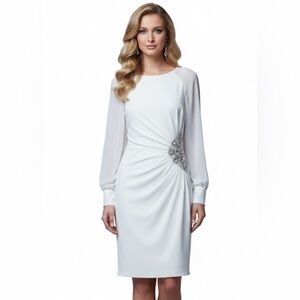 Eliza J White Formal Cocktail Dress Sheer Sleeve Beaded Rhinestone Stretch Sz 8